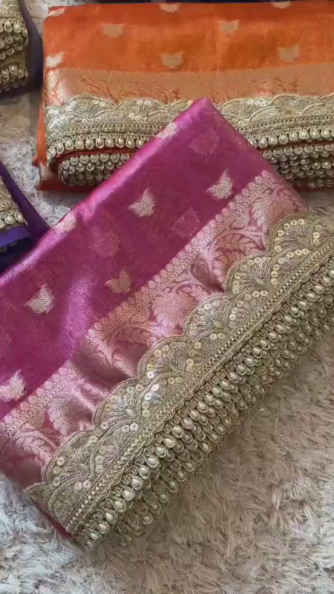 Banarasi Soft Glass Tissue Silk Saree with Booti Weaving and Pearl Lace Border