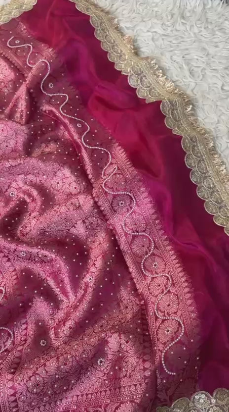 Banarasi Tissue Silk Saree with Stonework and Lace Border