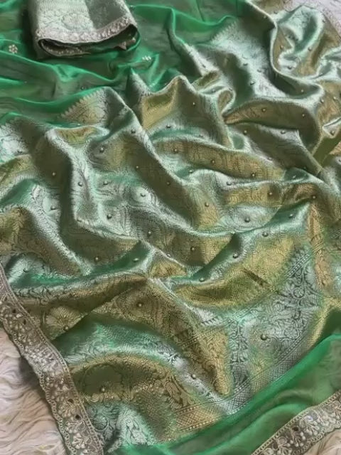 Banarasi Soft Glass Tissue Silk Saree with Stonework and Pearl Lace Border