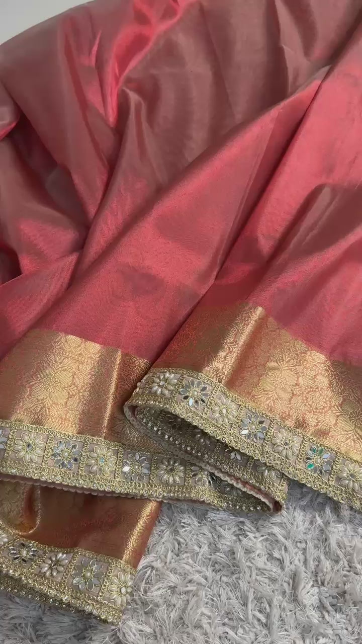 Banarasi Tissue Silk Saree with Gold Zari and Pearl Lace Border