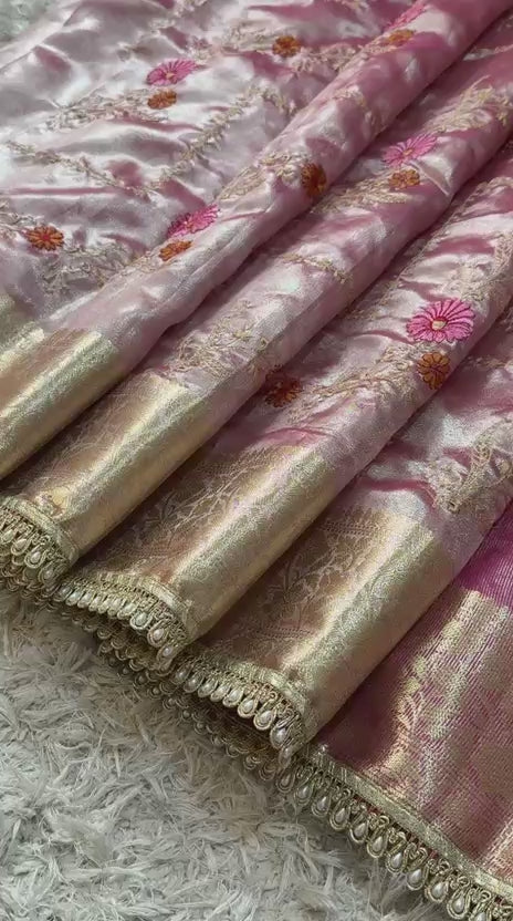 Banarasi Soft Glass Tissue Silk Saree with Meenakari Embroidery and Pearl Lace Border