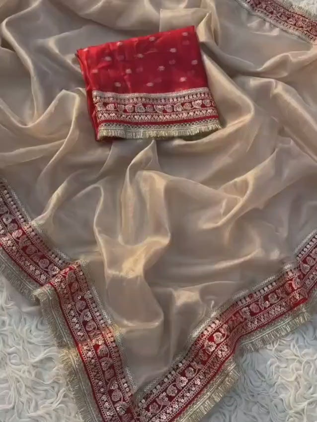 Banarasi Glass Tissue Silk Saree with velvel and gotta lace border