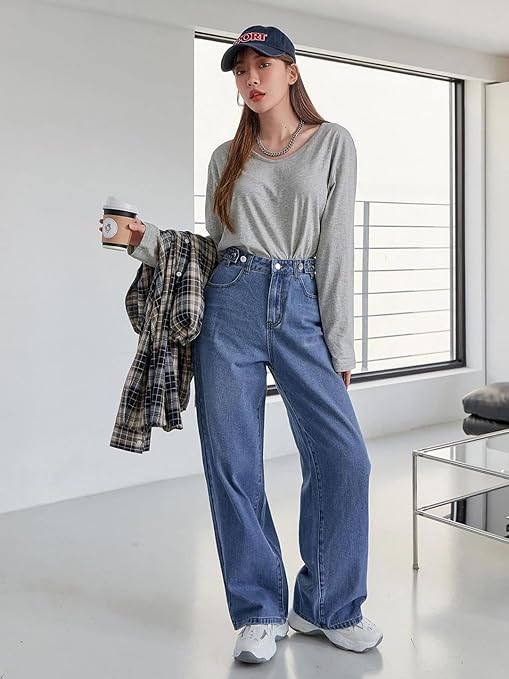 Womens High Rise Wide Blue Jeans