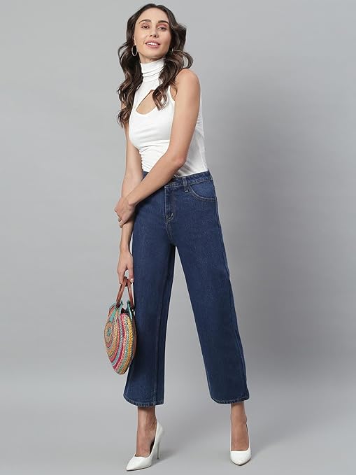 Womens High Rise Wide Space Blue Jeans