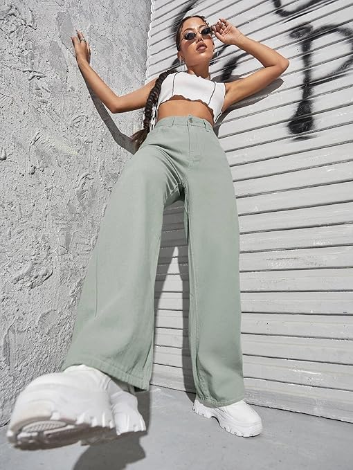 Womens High Rise Wide Light Moss Green Jeans