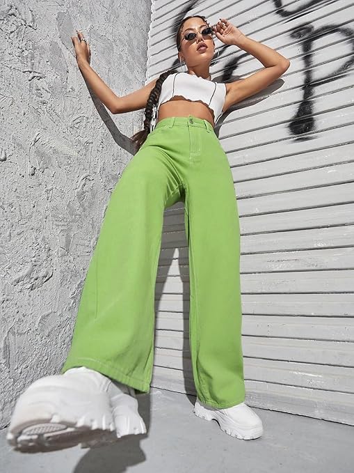 Womens High Rise Wide Parrot Green Jeans