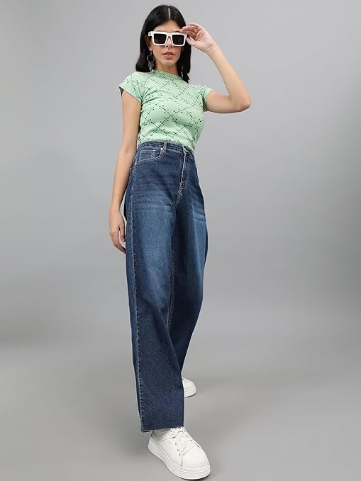 Womens High Rise Wide Mid Blue Jeans
