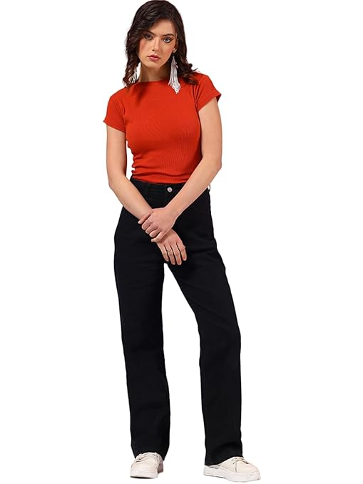 Women High Waisted Dark Black Jeans