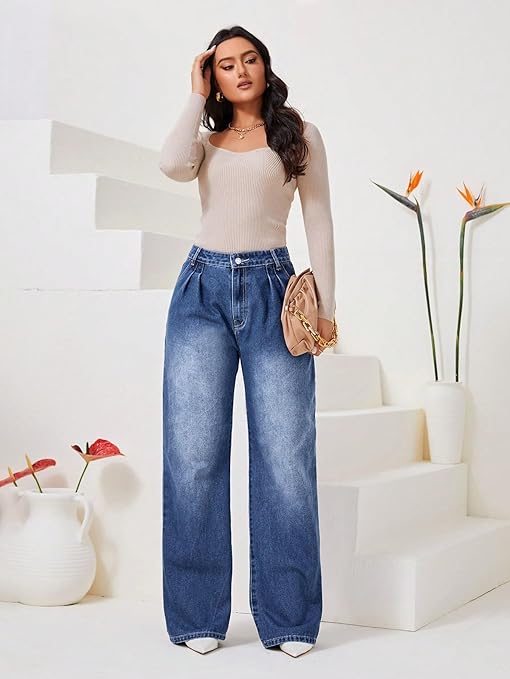 Women High Waisted Faded Blue Jeans
