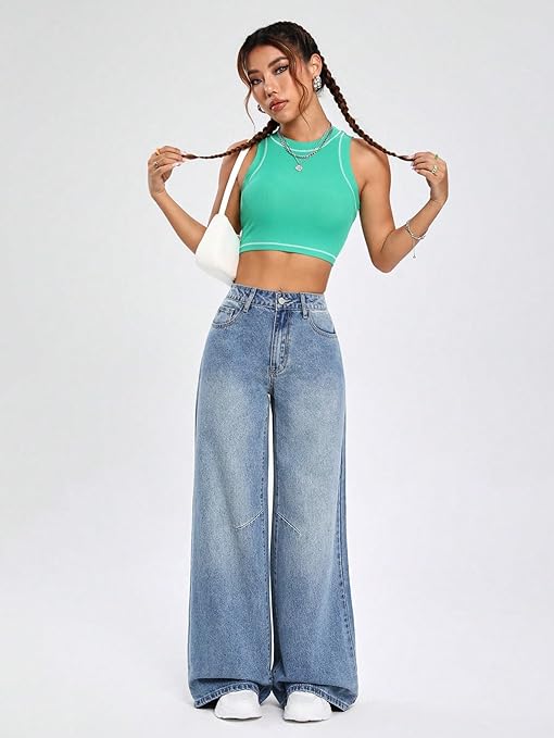 Women High Waisted Aquamarine Blue Jeans