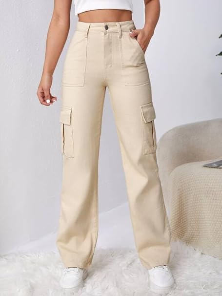 Women High Waist Cargo Cream Jeans