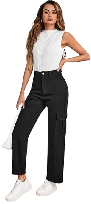 Women Stretchable Cargo Black Joggers