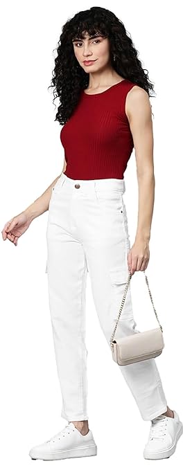 Women Stretchable Cargo White Joggers