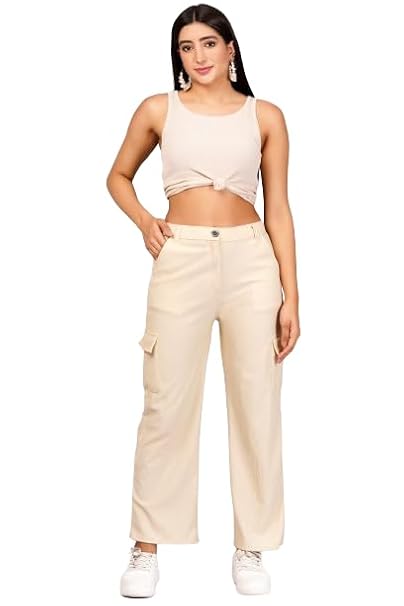 Women Cargo Baggy Cream Jeans