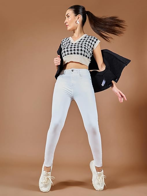 Women Skinny Fit High Powder White Jeans